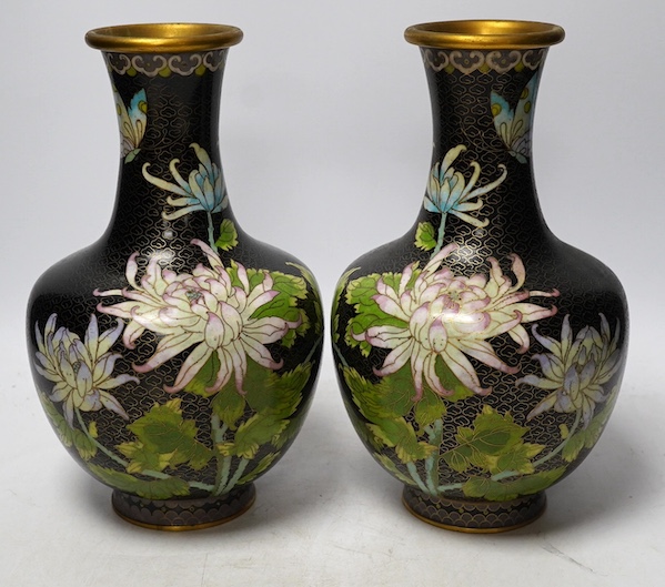 A pair of Chinese cloisonne enamel vases, 26cm. Condition - good